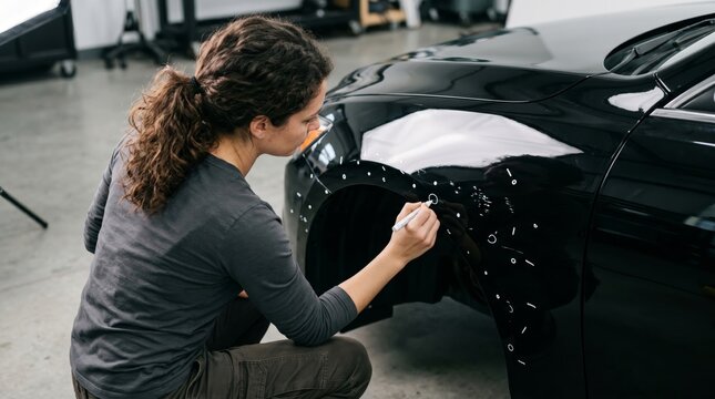 Professional Detailer Marking Black Car Fender Imperfections With White Correction Pen in Studio