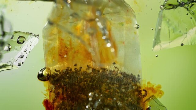 Super Slow Motion of Falling and Extracting Tea Bag into Water with Ice at 1000fps, Ice Tea Concept.