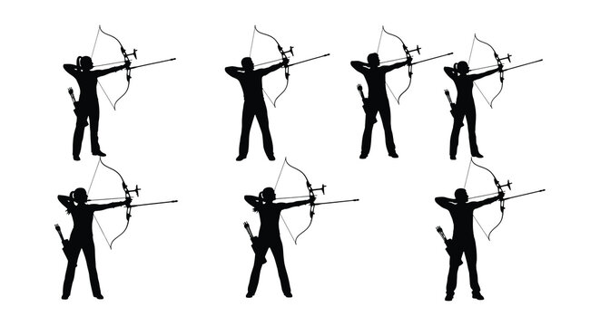 Archer silhouettes with bows and arrows on white background