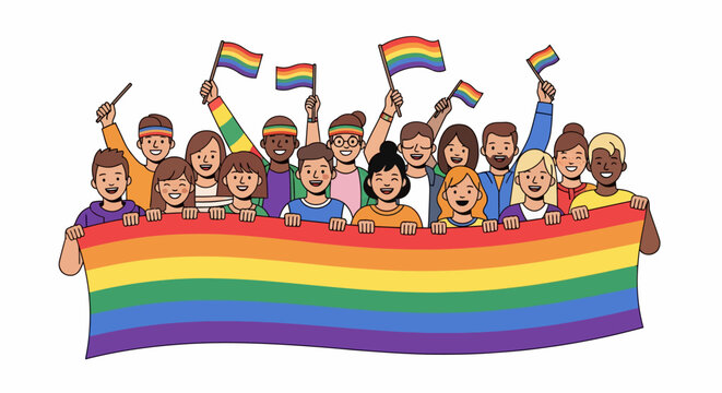 Diverse group of people holding a large rainbow flag and small pride flags.
