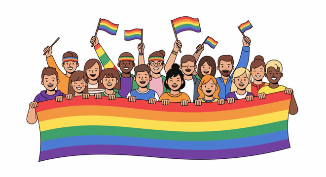 Diverse group of people holding a large rainbow flag and smaller pride flags.