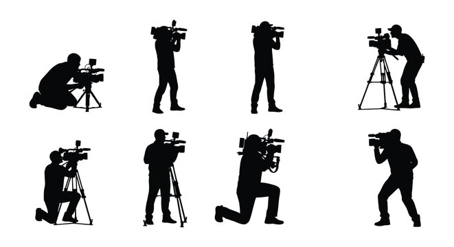 Silhouette of people with video cameras on tripods or handheld