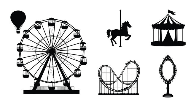 Black silhouettes of amusement park rides and attractions