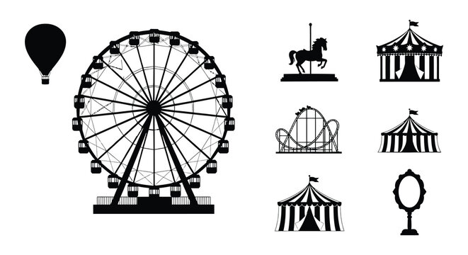 Black silhouettes of amusement park rides and attractions