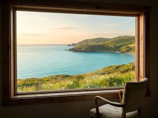 Fototapeta premium Nature is art; a scenic coastal landscape framed like a painting by a rustic wooden window with a vintage chair in the foreground.