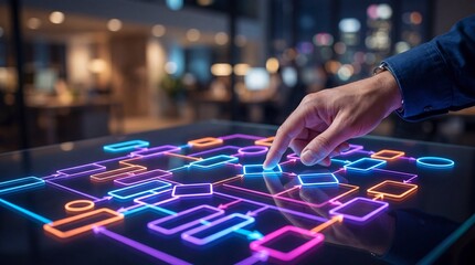 Naklejka premium A hand interacts with a high-tech digital interface featuring glowing diagrams.