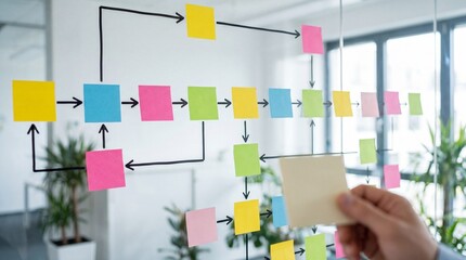 Fototapeta premium A hand places a sticky note on a colorful flowchart in a modern office setting.