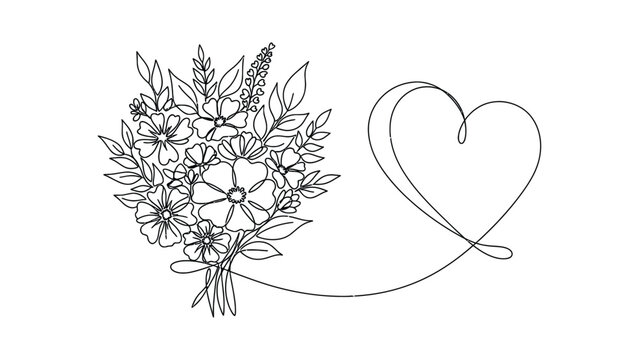Continuous line art drawing of a floral bouquet connected to a heart shape.
