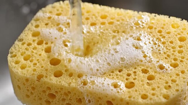 Close up of water pouring onto a green and yellow sponge creating foam.