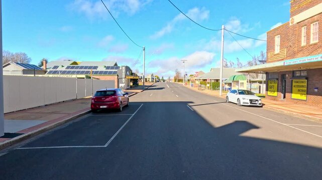Sunny Day Drive Through Rural Small Town Main Street in Australia