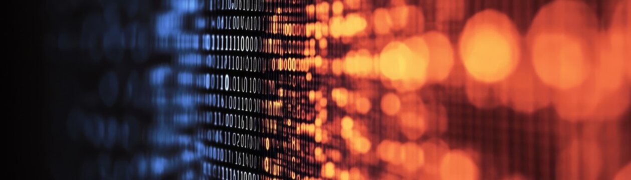 Abstract digital background featuring binary code streams with glowing orange bokeh and blue glitch effects for tech concepts.