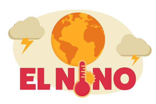 El Nino climate phenomenon. Warming globe with associated extreme weather events like storms and lightning.