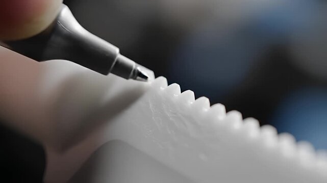 Closeup Macro Shot of White Plastic Extrusion with Serrated Edge.
