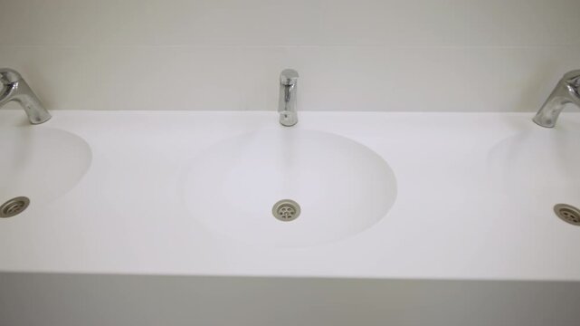 Ceramic sinks mounted on smooth wall in public washroom. Brightly lit bathroom environment creates welcomin space organized for hygiene