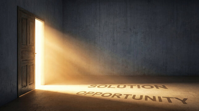 Light streaming through an open door into a dark room, illuminating the words 'SOLUTION' and 'OPPORTUNITY' on the floor.