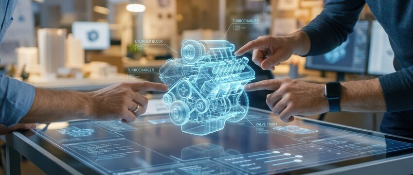 Engineers engaging with a holographic 3D engine model on a high tech interactive table in a bright modern office.