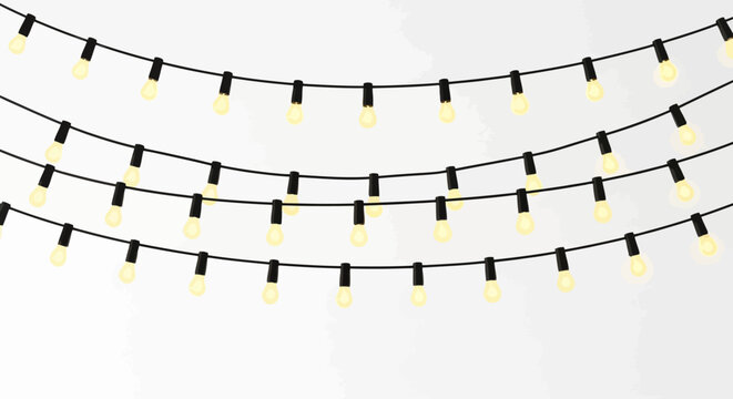 string of fairy lights with yellow bulbs on black cords isolated on white background