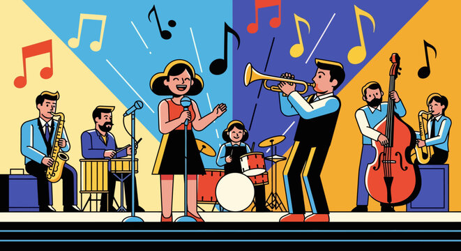 Jazz Band Performing Live Music with Singer and Instruments.