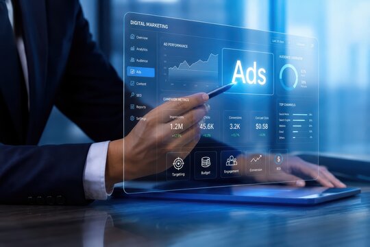 Digital marketing expert analyzes online advertising performance data on a futuristic holographic dashboard with detailed campaign metrics.