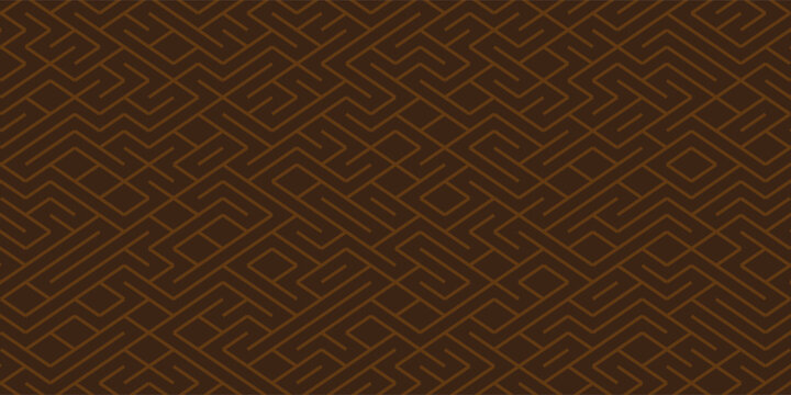 "Seamless geometric labyrinth vector pattern with dark brown lines on a warm brown background. The design is a linear abstract motif in the style of digital circuits or traditional tribal ornaments."