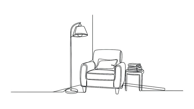 Minimalist continuous line drawing of a cozy armchair with a floor lamp and a stack of books.