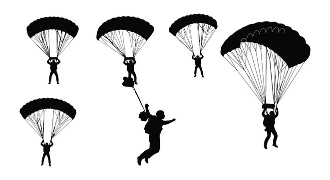 Silhouette of parachuters with parachutes high-quality professional