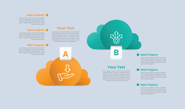 Cloud shape infographic with glossy gradient style with big circle on front of cloud opposite upside down comparison with two segment information