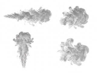 Dense dark smoke plumes and clouds in various flowing shapes, isolated on a transparent background for design. © Jodie