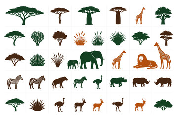 Naklejka premium African Savanna Animals and Trees Silhouette Vector Collection