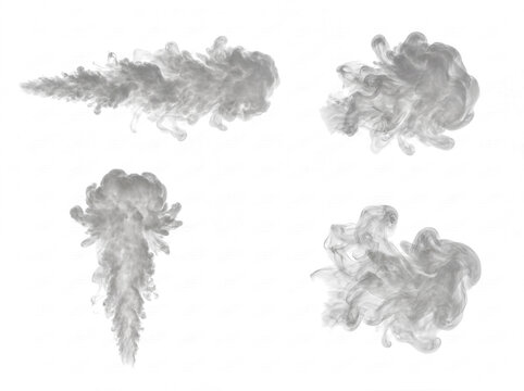 Dense dark smoke plumes and clouds in various flowing shapes, isolated on a transparent background for design.