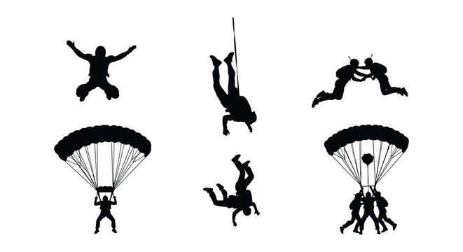 Silhouette of parachuters with parachutes high-quality professional