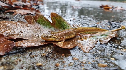 Fototapeta premium Salamander on Leaf After Rainfall