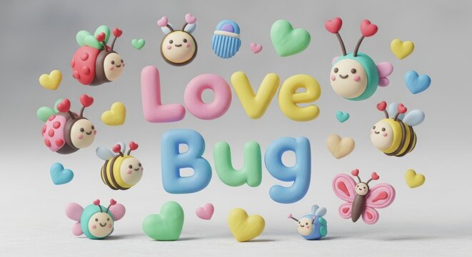 Colorful clay art style illustration featuring cute insects surrounded by hearts and lettering love bug for romance.