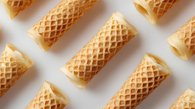 Krumkake waffle rolls arranged in diagonal pattern on white background.