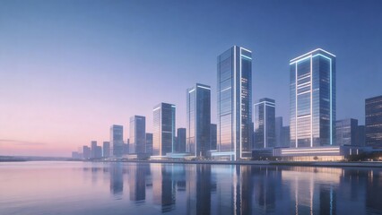 Naklejka premium Modern city skyline with illuminated skyscrapers