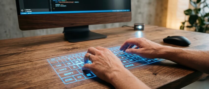 Digital innovation hands typing on an illuminated virtual keyboard projected on a wooden desk for coding productivity.