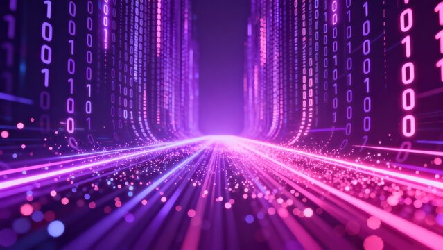 Digital binary code tunnel with glowing lights