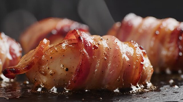Delicious Bacon Wrapped Shrimp Sizzling on a Hot Pan.