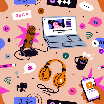 Podcast, live online streaming, seamless pattern. Endless background, repeating print design with mic, headphones, laptop, phone, digital audio, sound content, social media. Flat vector illustration