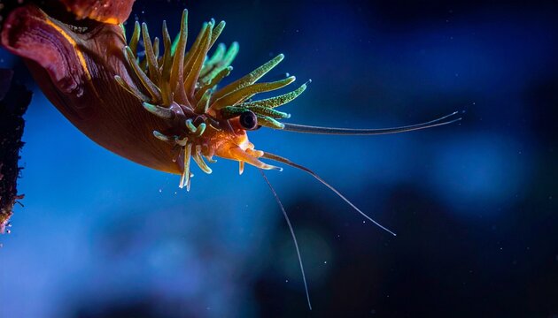 Coral polyp with extended tentacles capturing plankton in underwater environment