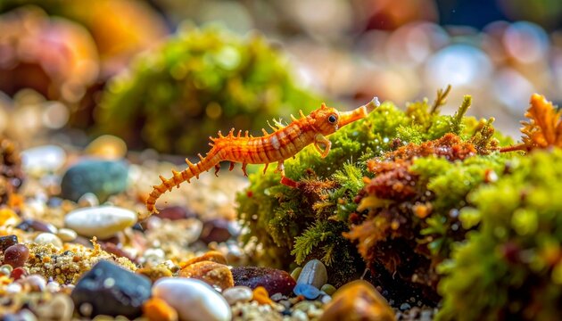 Pygmy pipehorse camouflaged among coral and algae in reef environment