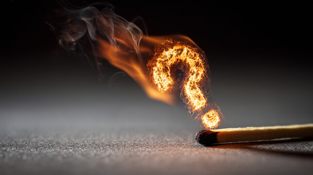 Ai Matchstick with flame creating a burning question mark symbolizing curiosity and uncertainty