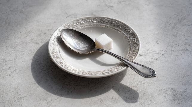 Ai Simple sugar cube on a decorative plate with a spoon resting beside it in a soft light setting