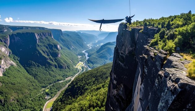 Wingsuit flyer gliding over mountainous valley during daytime
