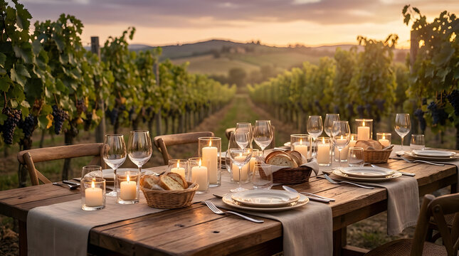 Romantic Tuscan vineyard dinner setup at sunset with candlelit table for two, perfect for a special occasion or celebration amidst rolling hills and grapevines