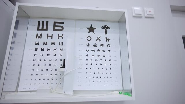 Ophthalmology diagram displays letters and differently shaped icons. Right side features specific objects for testing children eyesight