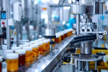 Fototapeta premium Pharmaceutical production line filling medicine bottles in factory