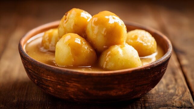 Traditional Norwegian potato dumplings raspeballer served in rustic brown sauce.