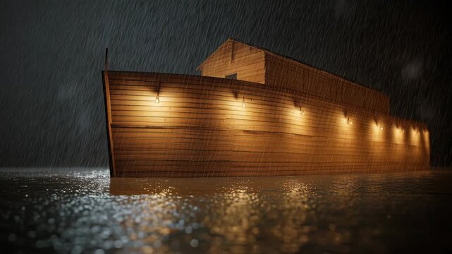 Noah's ship in the rain at night on a dark water surface