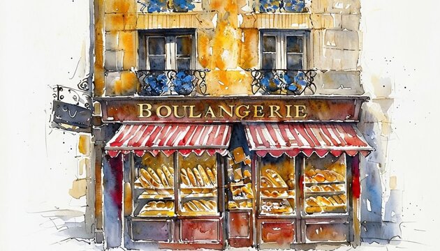 Charming French Boulangerie: A Watercolor Streetscape